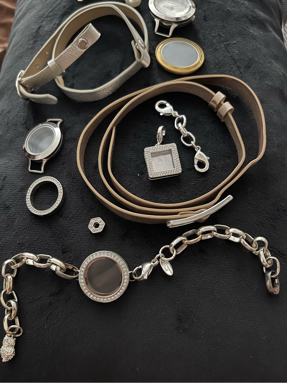 Origami Owl Silver-Tone Charm Bracelet with Taupe Wrap Straps